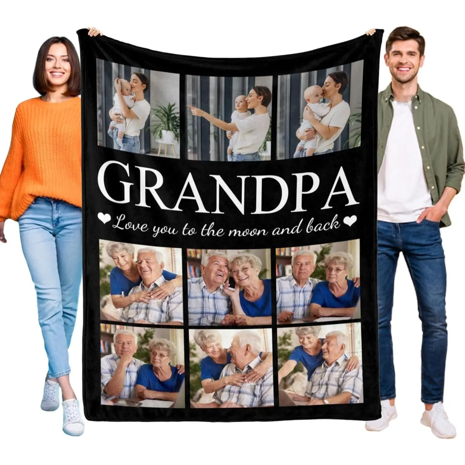 Customized Grandpa Photo Flannel Throw Blanket - Black 3x3 Collage, Serif "GRANDPA" Text, "Love You to the Moon and Back" Design, Wrinkle-Resistant, Durable, Fade-Resistant, Soft Cozy Warm, Father’s Day Gift