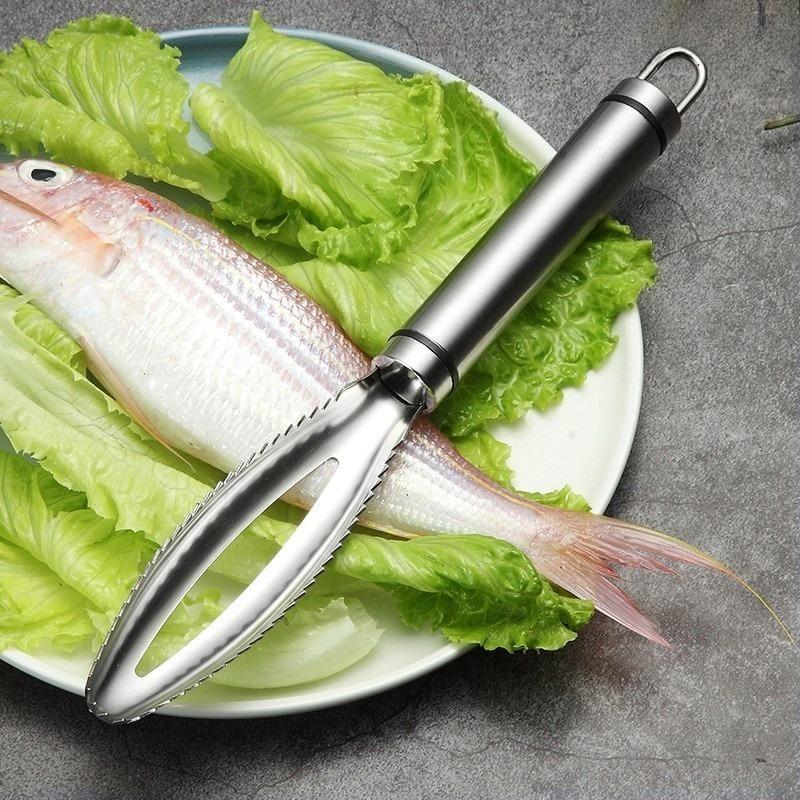 Stainless Steel Fish Scaler with Non-Slip Handle & Bone Tweezers - Serrated Plate for Efficient Scaling, Meat-Protective Design, Precision Deboning, Rust-Resistant & Easy Clean Kitchen Tool