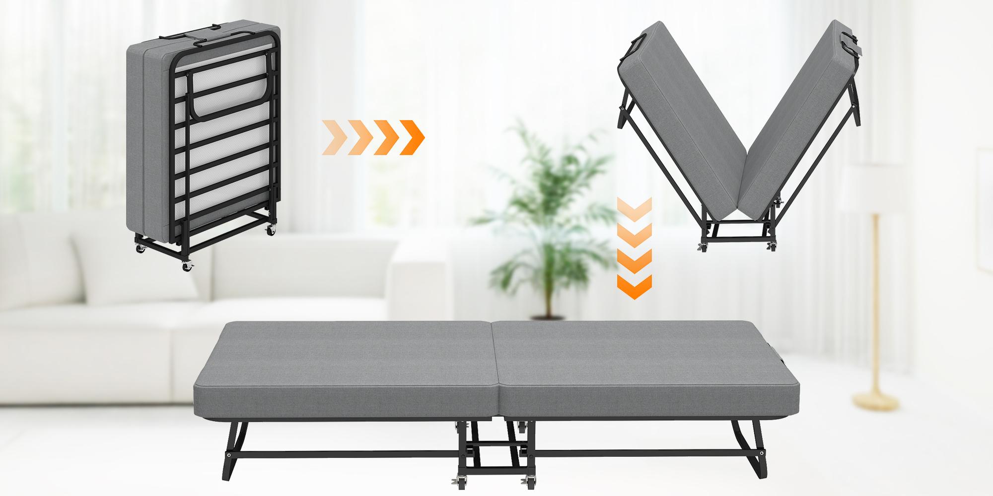 Portable Folding Bed with Memory Foam Mattress, Lockable Wheels, Breathable Linen Fabric for Adults