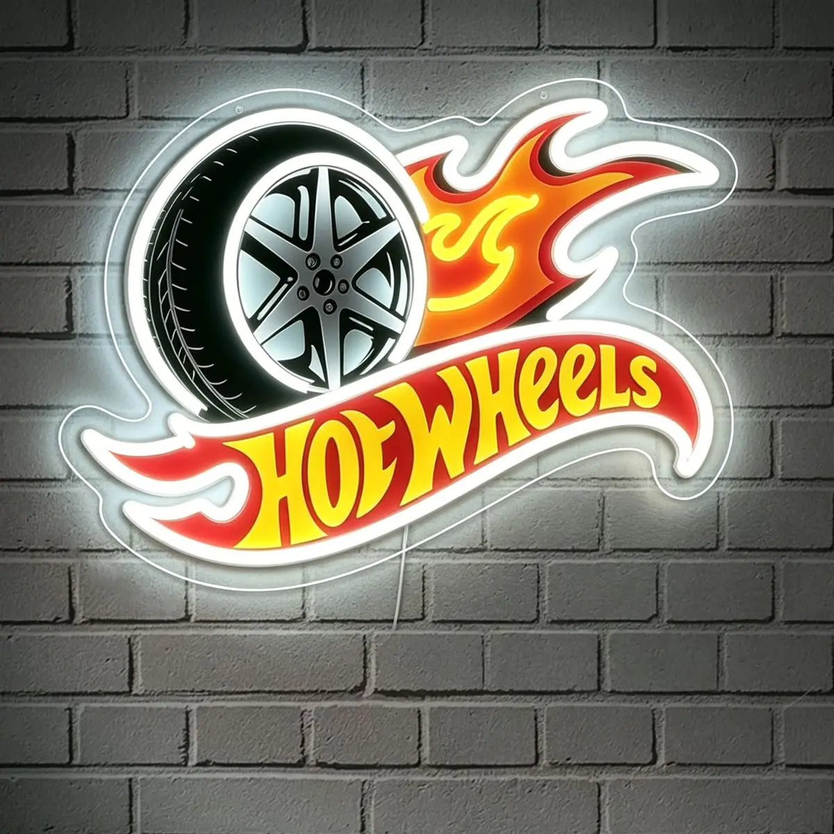 Wind and Fire Wheel Racing Tire Logo LED Color Glowing Pattern Neon Light Decorative Wall Light, Led Wall Lights, USB Plug Powered Suitable for Kids' Room, Racing Themed Bedroom, Garage, Birthday Party, Racing Enthusiast Gift
