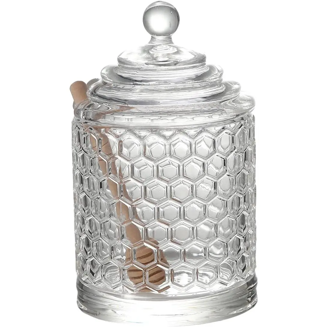 Honey Jars,9 oz Clear Glass Honey Pot Set with Dipper and Lid - Glass Honey Dispenser,Syrup Jar,Containers for Kitchen - Honeypot with Dipper Sticks - Honey Containers (Hexagon 1PACK)