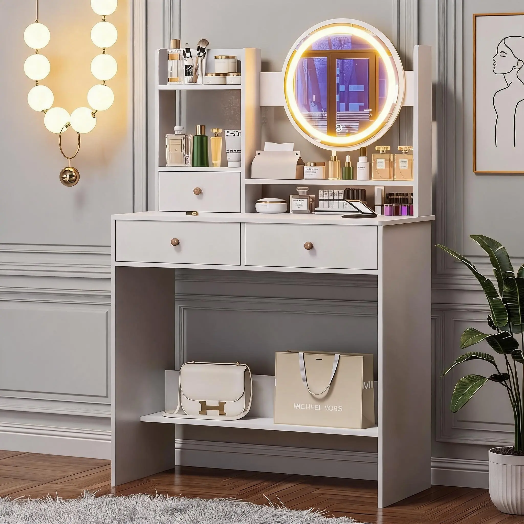 White MDF Vanity Dressing Table with Touch Control LED Makeup Mirror, 3 Modes Adjustable Lights Multi Drawer Open Shelves Storage Makeup Desk, Anti-Scratch Surface Modern Bedroom Cosmetic Table Easy Assembly Ideal Birthday Housewarming Gift Powered by Ada