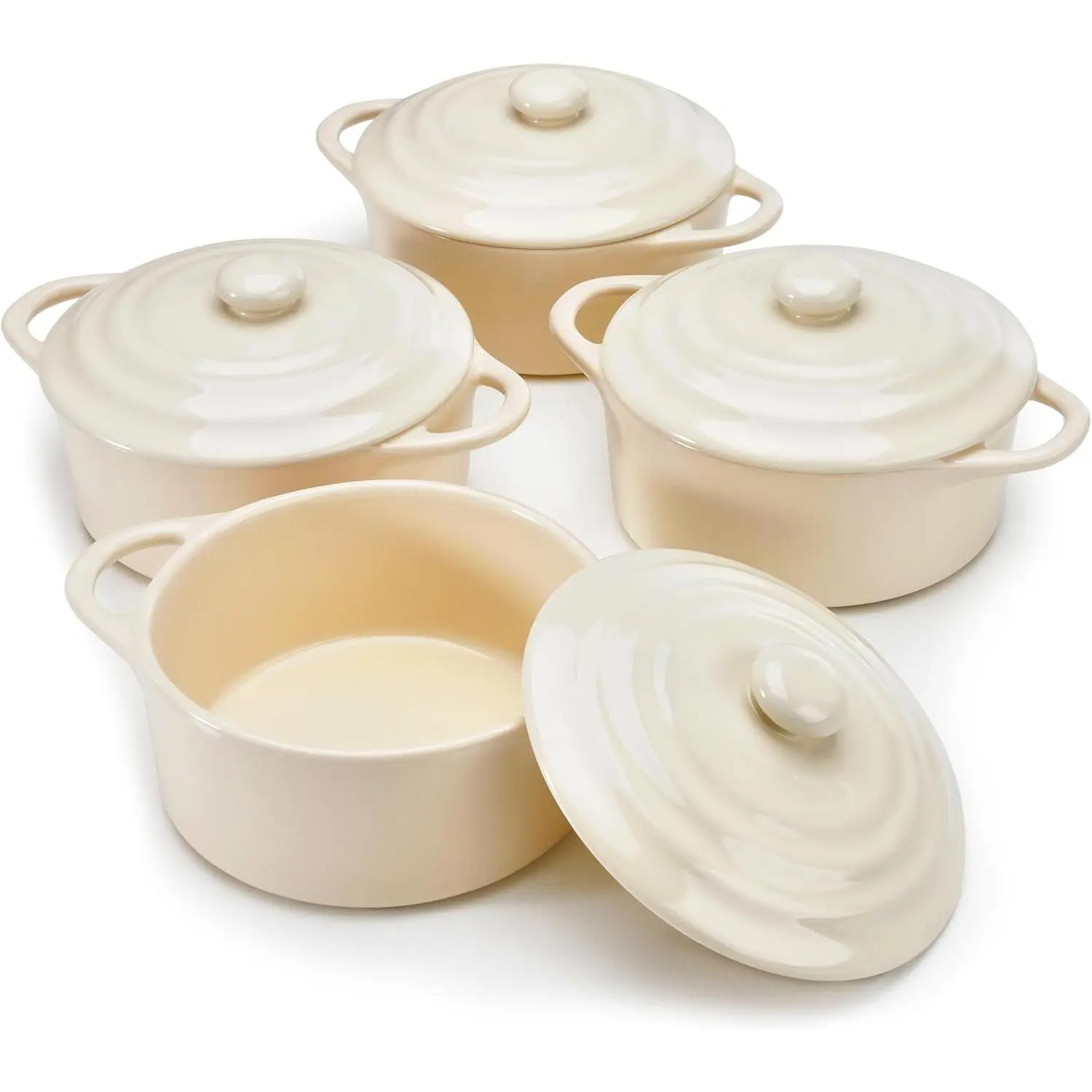 12oz Rustic Shaped Ceramic Mini Cocotte Bakeware Set (4 Pieces), Ivory Stoneware Individual Casserole Dishes with Lids & Handles, Oven Microwave Dishwasher Safe Baking Ramekins, Four Pieces