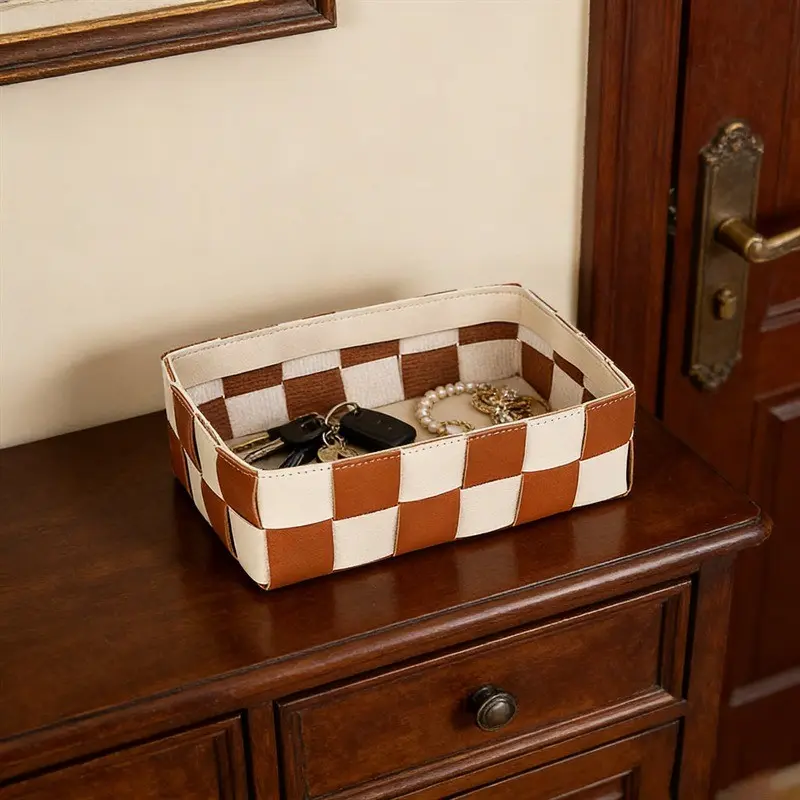 Luxury Leather Storage Basket, Multi-Functional Cosmetic Organizer, Elegant Chessboard Desktop Box, Bedroom Living Room Entryway Decorative Tray