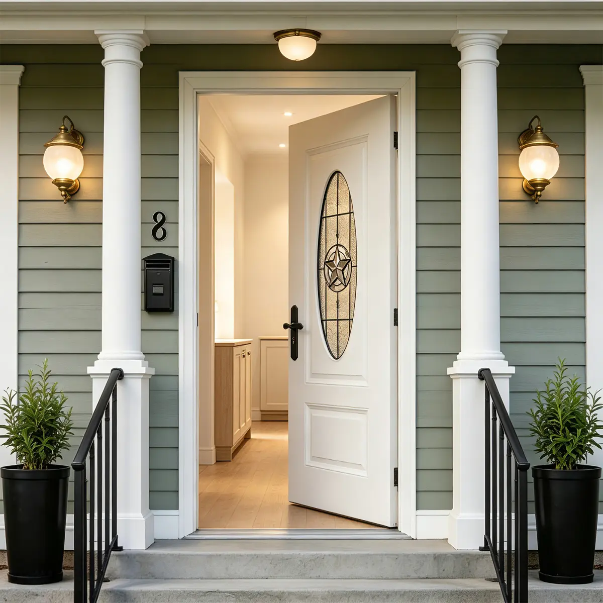36" x 80" Fiberglass Front Door with White PVC Frame – Right-Hand Inswing Exterior Door with Brickmould, Brushed Smooth Skin, Oval Decorative Glass, for Home Entrance, White