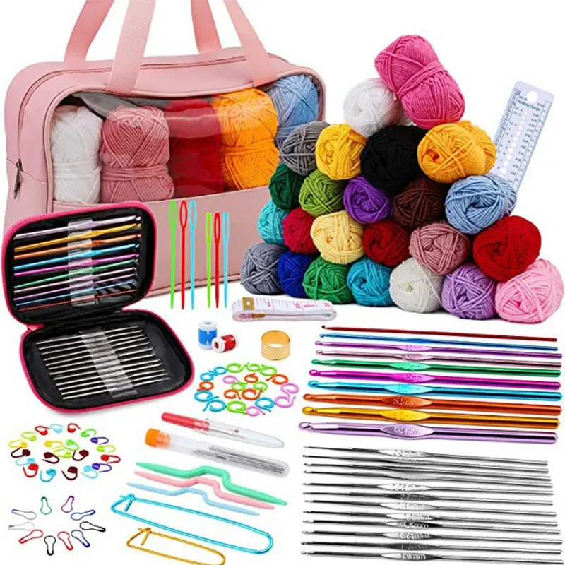 Beginner Crochet Kit with 21 Hooks and 24 Yarns, Knitting Supplies, Creative DIY Craft Tools, Waterproof Bag for Portable Storage