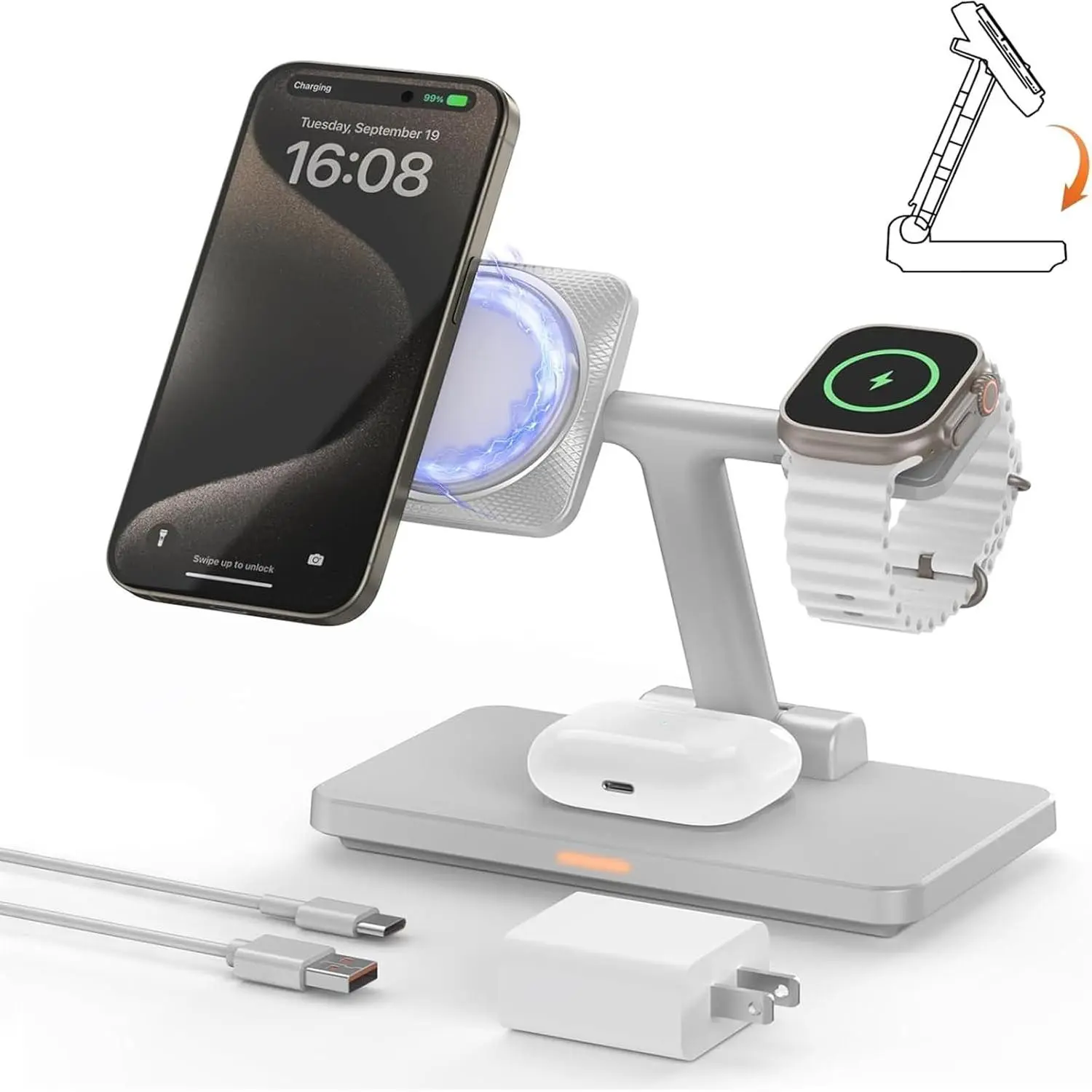 GEEKERA Magnetic 3 in 1 Wireless Station Foldable: JoyGeek MagSafe Charging Stand for iPhone 17 Air 16 Pro 15 Max, Apple Watch SE 2, AirPods Pro 3 (Gray)