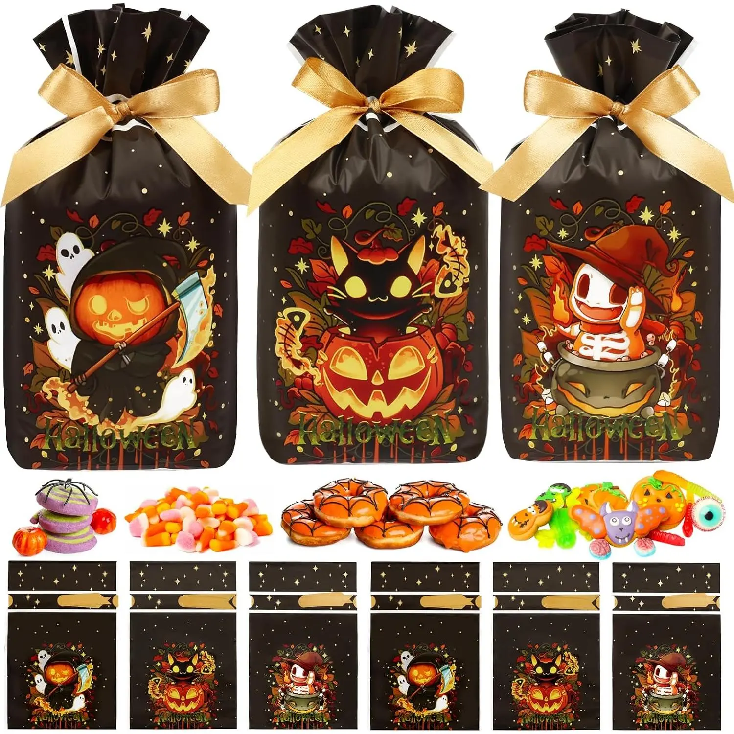 50 count Halloween Drawstring  Bags for Trick-or-Treating |  Plastic Party Favor Bags, Small  Pouches, Opens and Closes Easily, Suitable for Candy, Cookies, Sweets