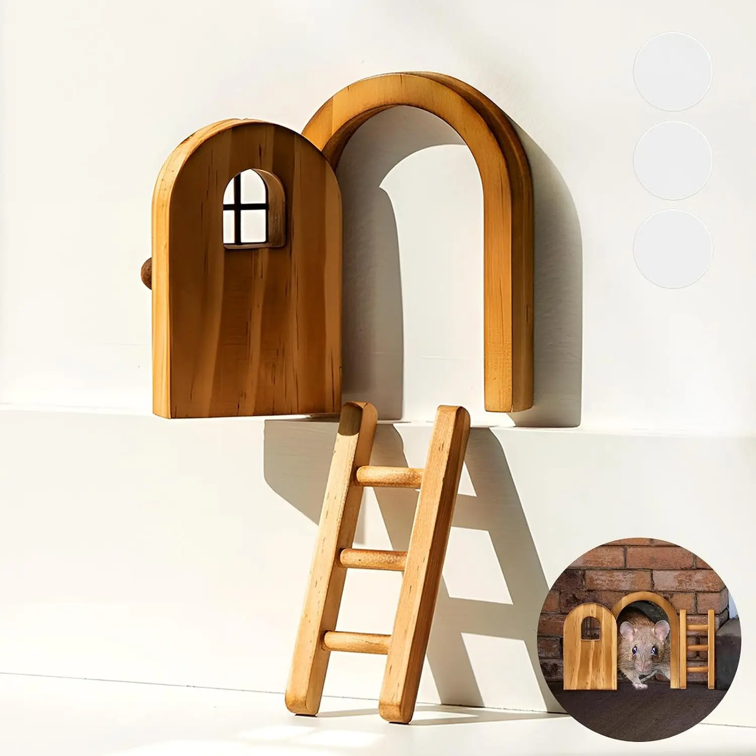 2 Pcs Cute Style Brown Mini Wooden Mouse Door Kit - Miniature Mouse House with Ladder Detail, Fairy Door for Wall/Tree Decor, Fairy Themed Birthday Gift, All Seasons Indoor/Outdoor DIY Craft Accessory