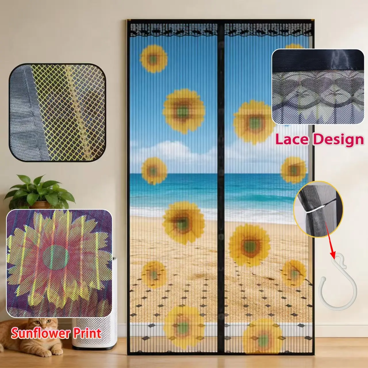 Magnetic Closure Curtain, Automatic Closing, Mosquito Proof, Breathable, Sunflower Print, Lace Design, Pet Friendly, Home Garden Use, Door Curtains