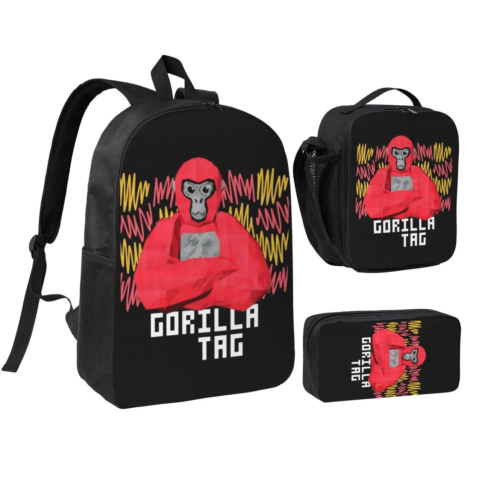 Anime Gorilla Tag 3Pcs School Backpack Set for Teens Boys Girls, Adjustable Strap Kids Bookbag with Insulated Lunch Bag & Pencil Case, Lightweight Travel Office Daypack, Polyester, Lunch Box, Foam
