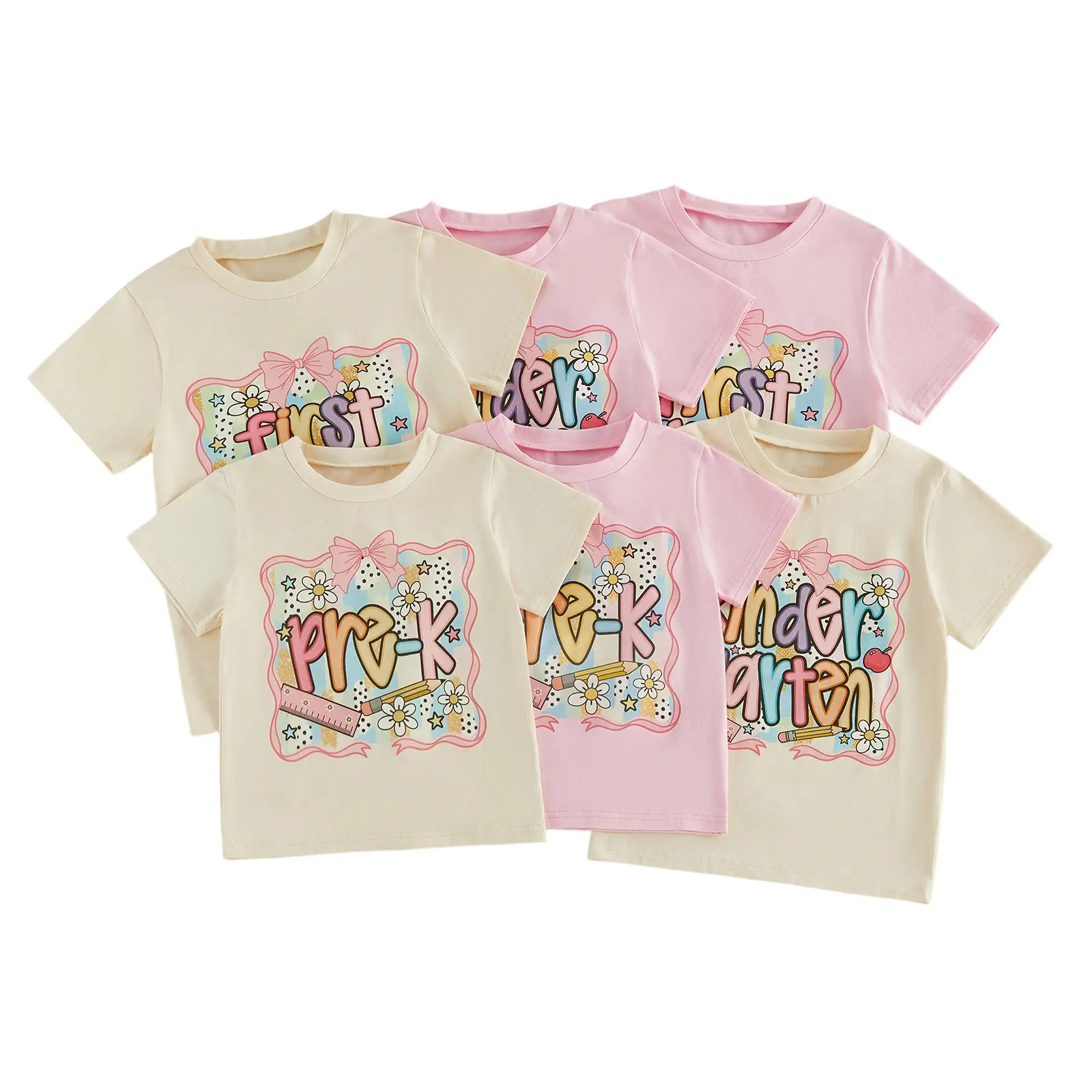 Toddler Baby Little Girl First Grade T-Shirt Letter Flower Ruler Print Short Sleeve Loose Tops for Summer 3-8 Years
