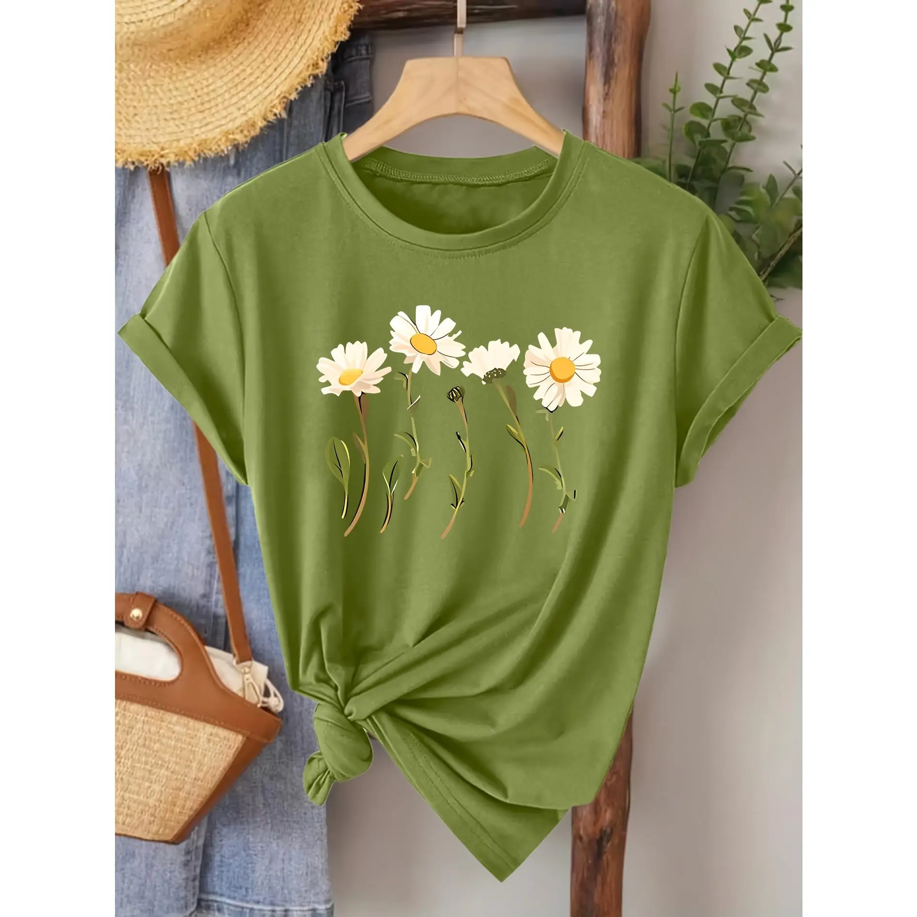 Women's Elegant Short Sleeve T-Shirt with Fresh and Cute Daisy Print, Round Neck. Suitable for Spring, Summer, and Autumn. A Versatile and Elegant Vintage-style Top for Fashionable Commuting, Vacation, Daily Wear, and Casual Occasions suda der