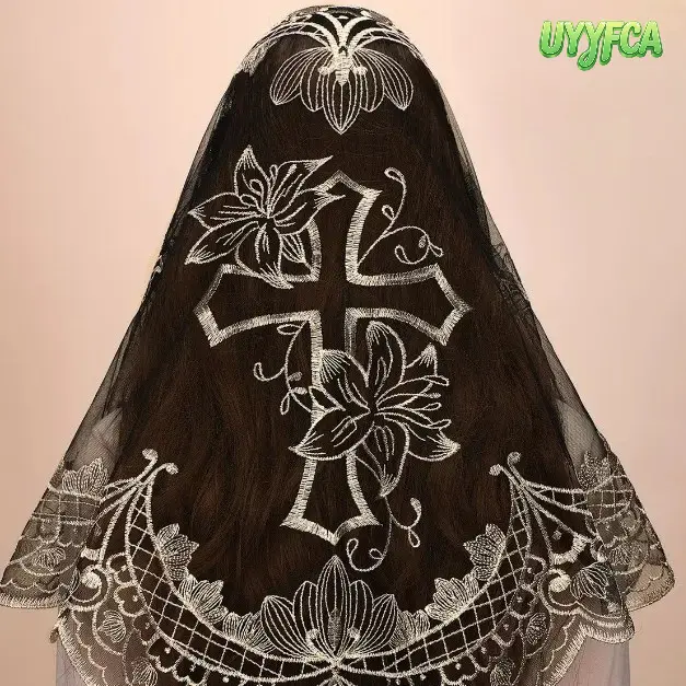 Traditional Spanish Lace Mantilla Veil for Women, Boho Triangle Head Covering with Floral Cross Embroidery, Soft Sheer Mesh for Church Mass, Wedding, Devotional Gift, Boho Knotless Braids, Scalloped Edge, Lightweight, Soft Lace, Triangle Shape