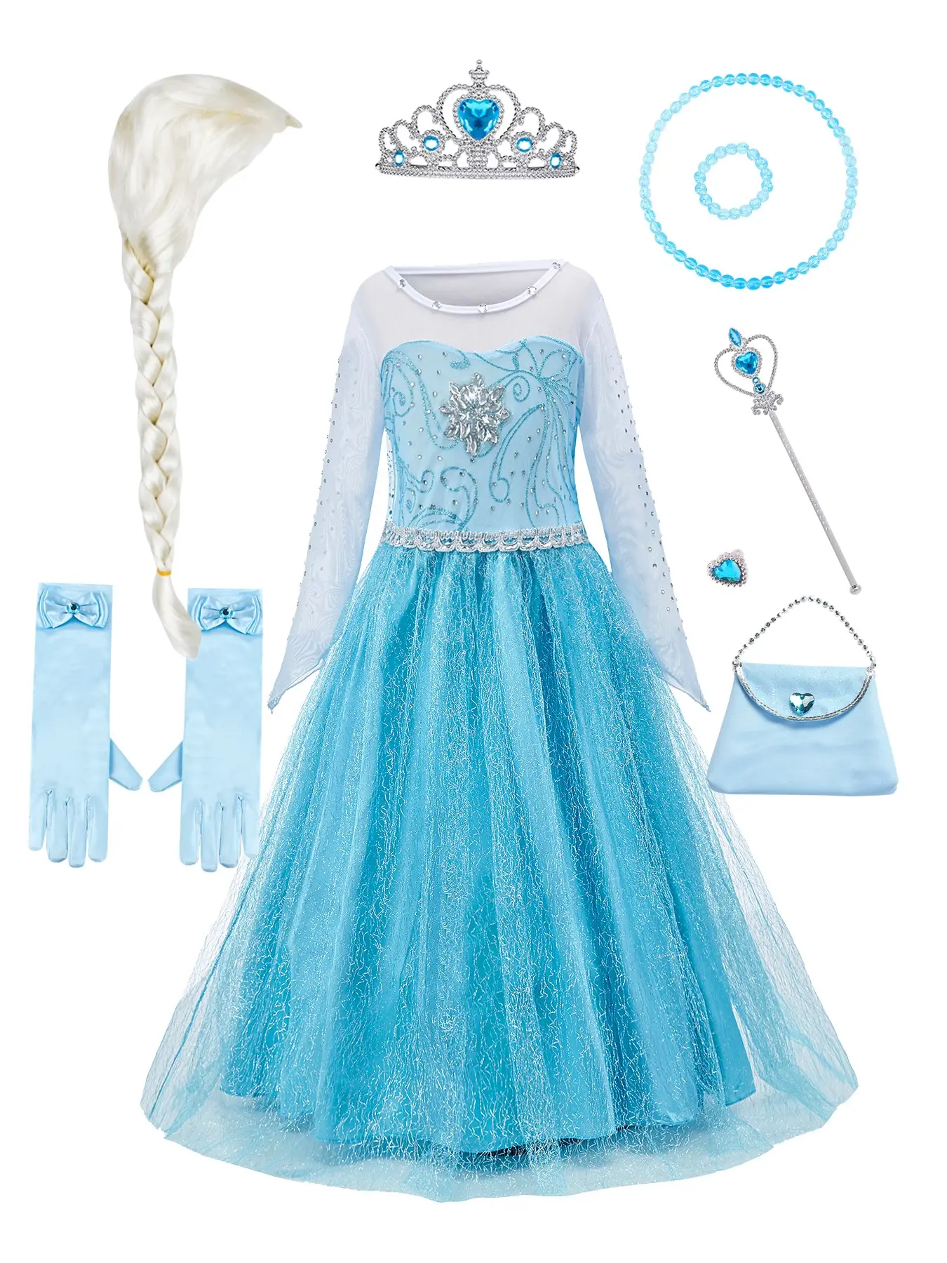 9-Piece Set, Girls Ice Blue Sheer Mesh Long Sleeve Princess Ball Gown, Heavy Rhinestone Snowflake Bodice Silver Glitter Tulle Maxi Dress, Complete Cosplay Set with Braid Wig Tiara Handbag Jewelry Gloves for Halloween Party Costume Set