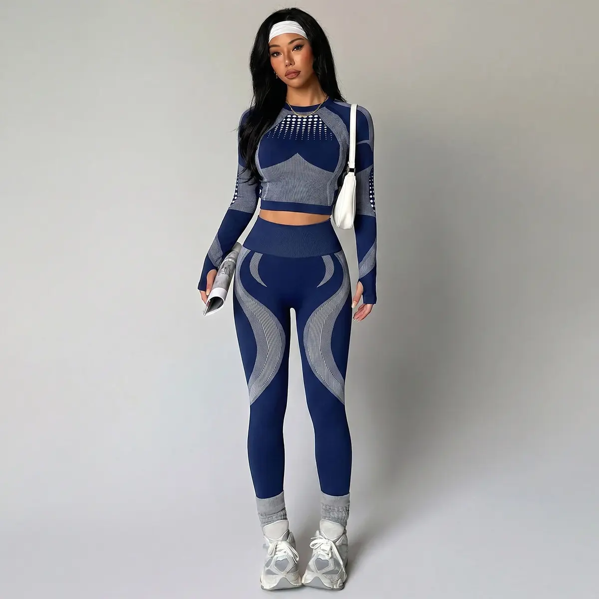 Women's Seamless 2-Piece Yoga Workout Set - Breathable Mesh Long-Sleeve Crop Top, High-Waist Striped Butt-Lifting Leggings, 4-Way Stretch Athletic Base Layer for Gym, Skiing