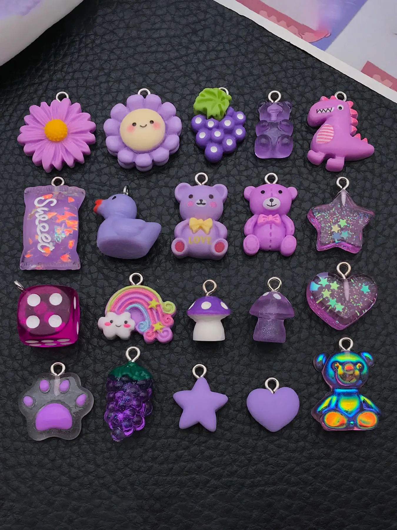 20pcs Mix Purple Resin Charms Cute Fruit Teddy Bear Lollipop Flower Pendants for DIY Jewelry Making Earrings Necklace Bag Accessories Crafts DIY Jewelry Decoration