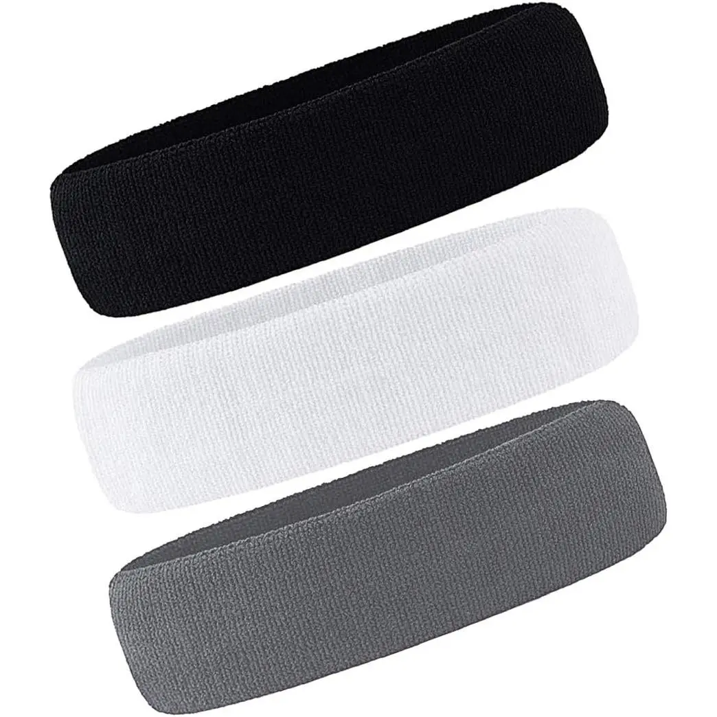 Unisex Cotton Terry Cloth Sweatband Headbands (3 Count, 2.3 inches x 8.6 inches) - Breathable, Absorbent, Moisture-Wicking for Adults' Sports, Volleyball, Workout, Gray/Orange/Blue, Avoids Bruising, Tennis