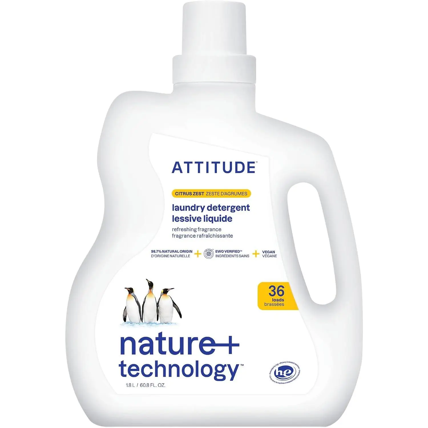60.8 oz Plant-Based Liquid Laundry Detergent, Citrus Zest Scent – HE Compatible, Vegan, EWG Verified Natural Soap