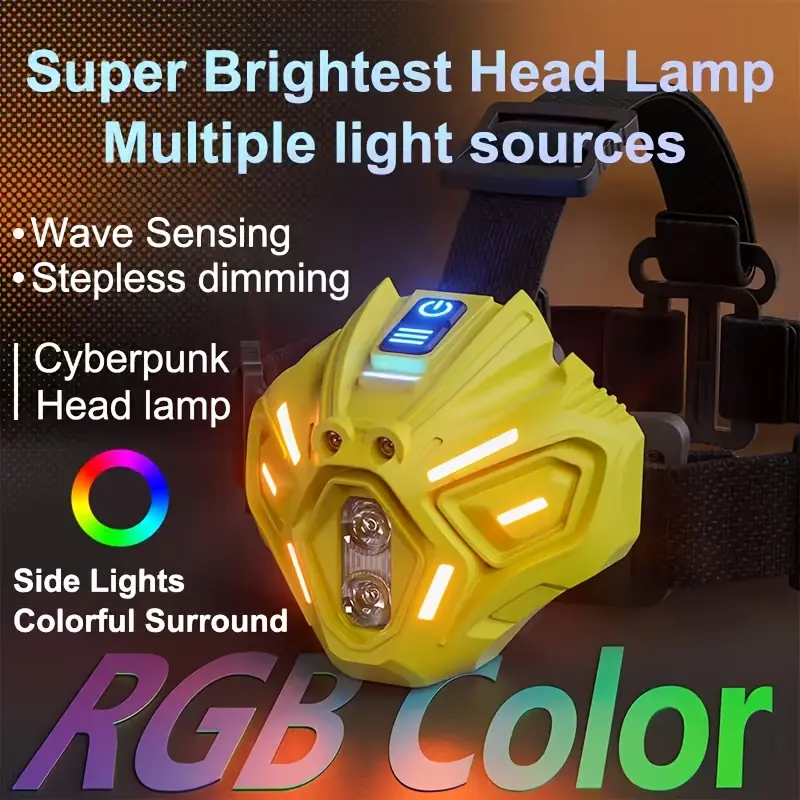 A new cyberpunk-style headlamp featuring wave-sensing technology and 7 distinct light colors—ideal for mountaineering, hiking, camping, and home repairs.