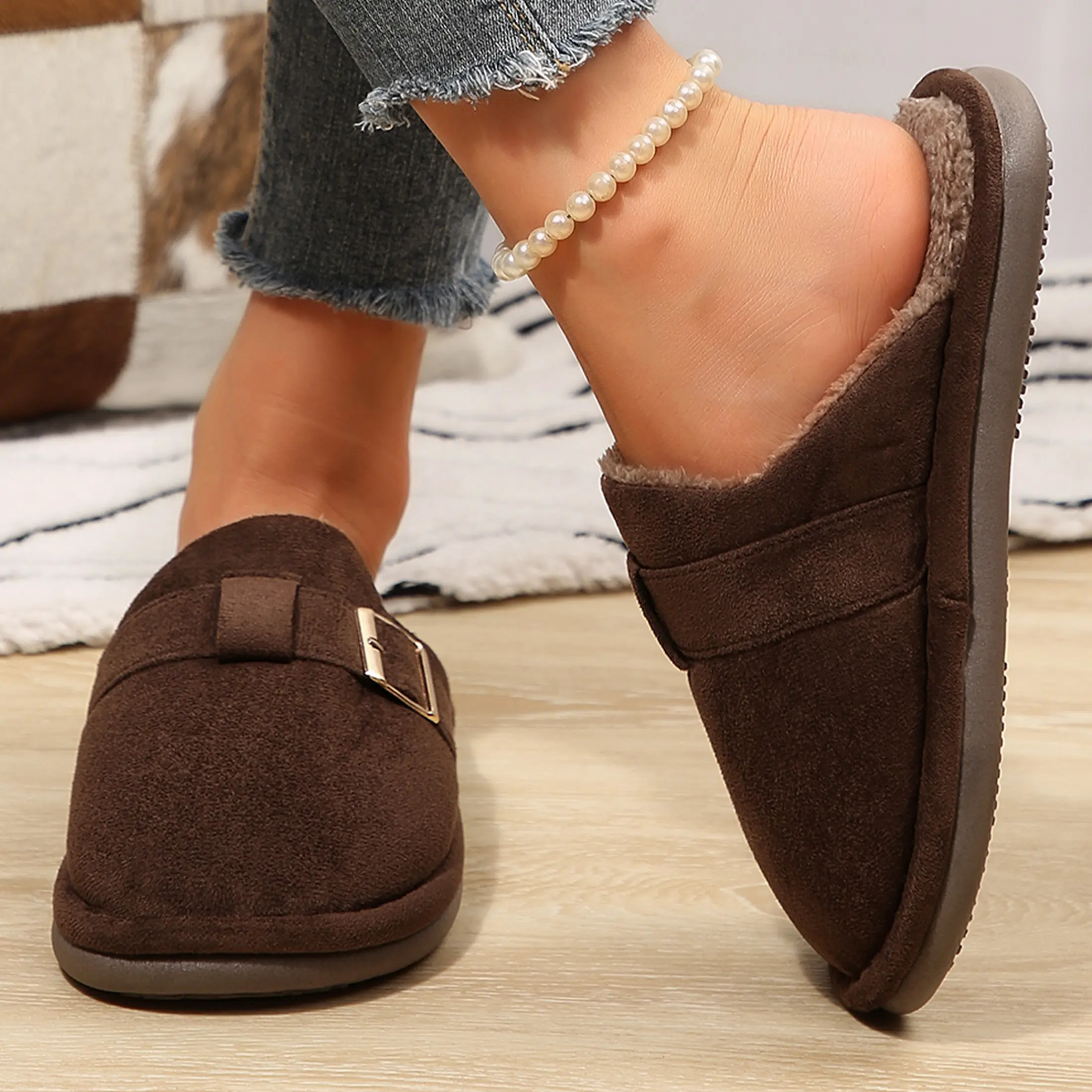 Women's Fuzzy Suede Slippers Memory Foam Scuff Slippers Warm Winter Slip-On House Shoes with Adjustable Snow Buckle Indoor and Outdoor