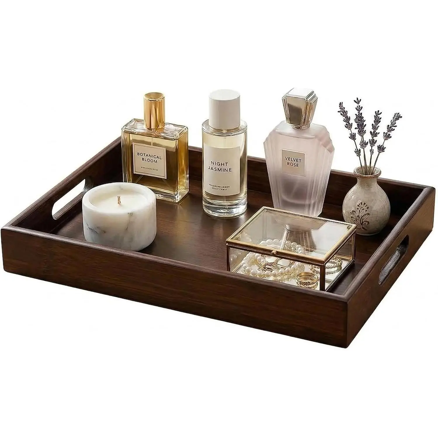 Perfume Plate Tray with Handle - Natural Bamboo Wood Display Tray for Dresser, Coffee Table, or Bathroom, 11.4x7.9 Inches, Jewelry and Perfume Organizer (1, Vintage)