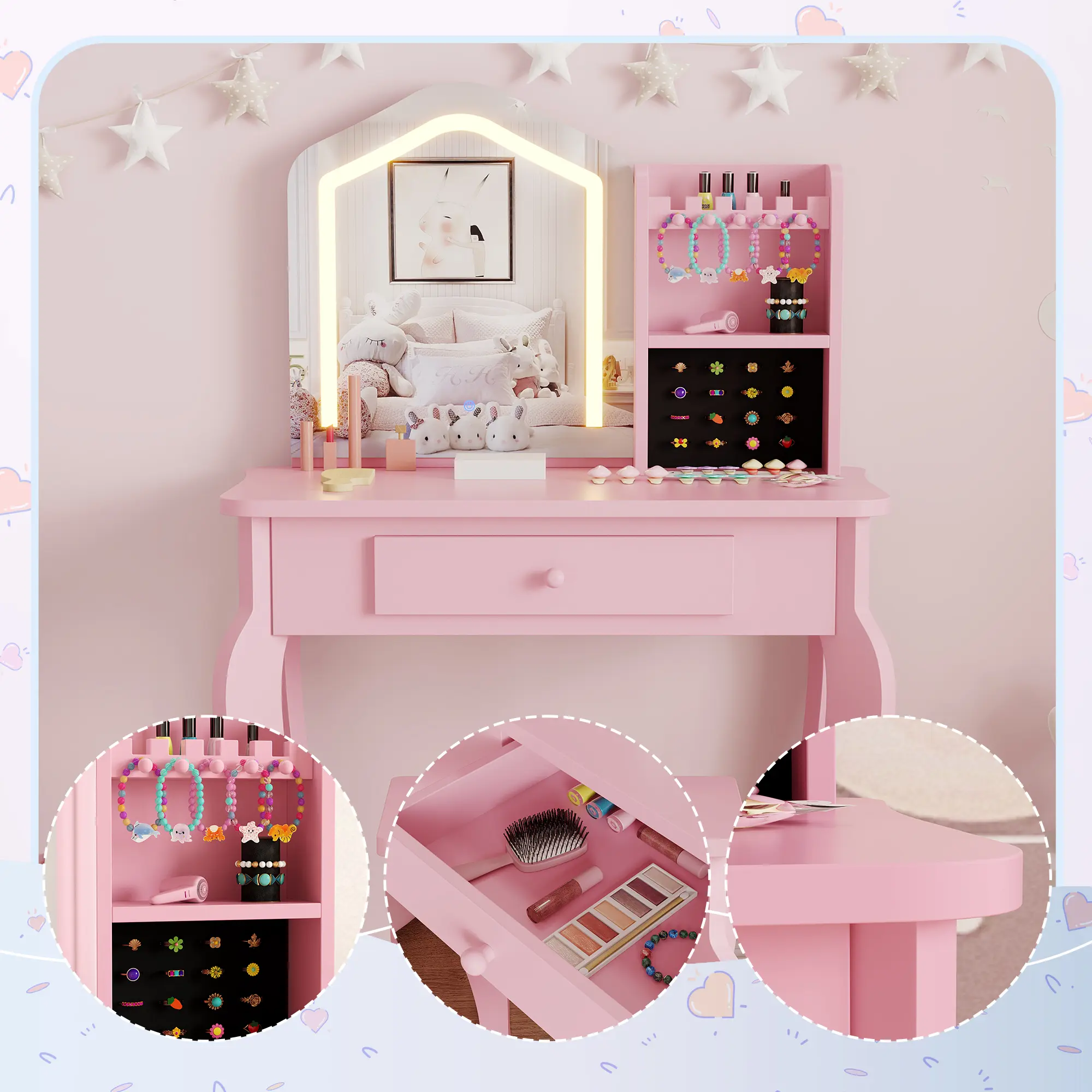 Kids Vanity with Lighted Mirror – Toddler Vanity Table and Chair Set for Girls' Makeup Play