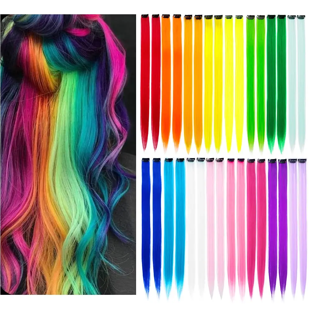 Women's 32-Packs Long Clip-in Clip-on Colored Hair Extensions - 20in Straight Artificial Hairpieces, 16-Color Rainbow Party Highlights