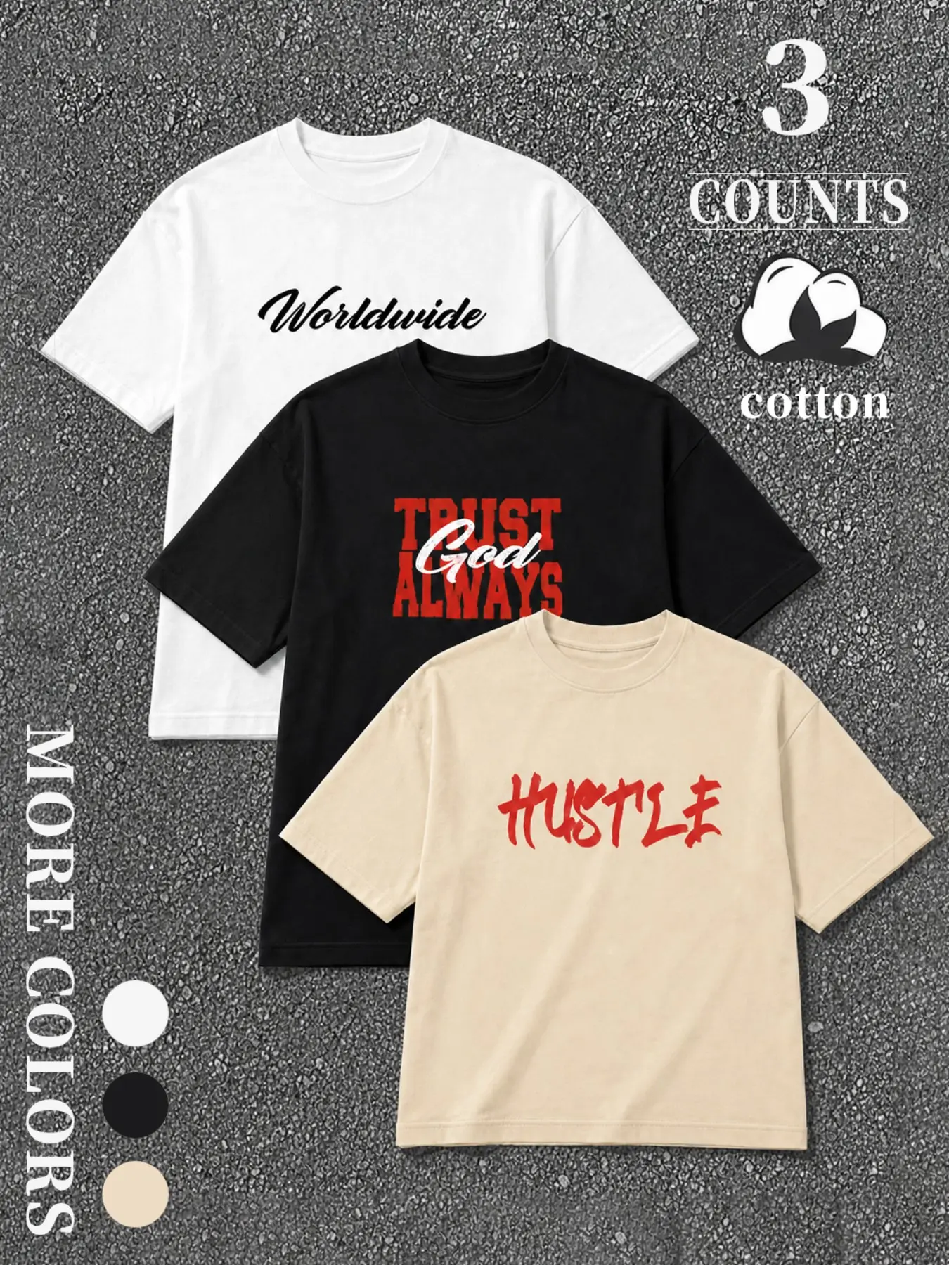 3 Pack Inspirational Script Letter Graphic Crew Neck Tees Bundle, Worldwide Cursive Slogan Trust God Always Layered Text Hustle Brush Font Front Print Oversized Drop Shoulder Unisex Pullover Tops, Retro Hip Hop Urban Daily Casual Layering Shirts Viral Tre