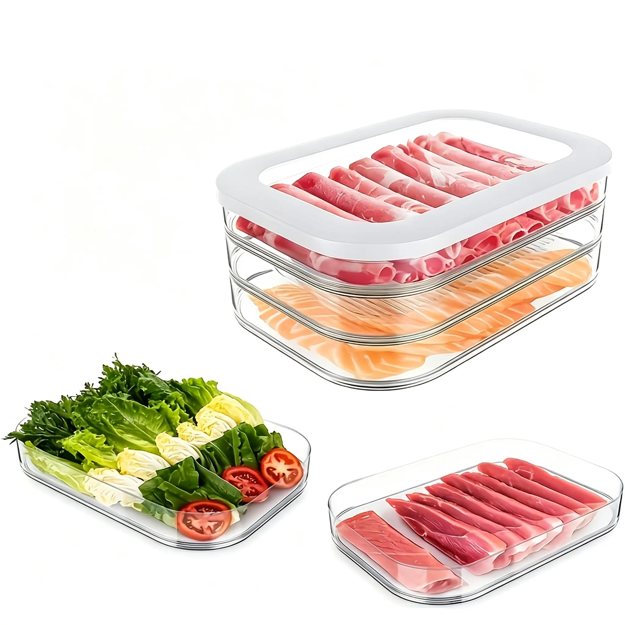 Stackable Refrigerator Food Storage Containers with Sealed Lids, Leakproof Freezer Meat Fresh Keeping Boxes, Reusable Clear Fridge Organizer Bins for Sliced Meat, Bacon, Cheese,Stackable Design for Fridge Freezer Kitchen Pantry Storage