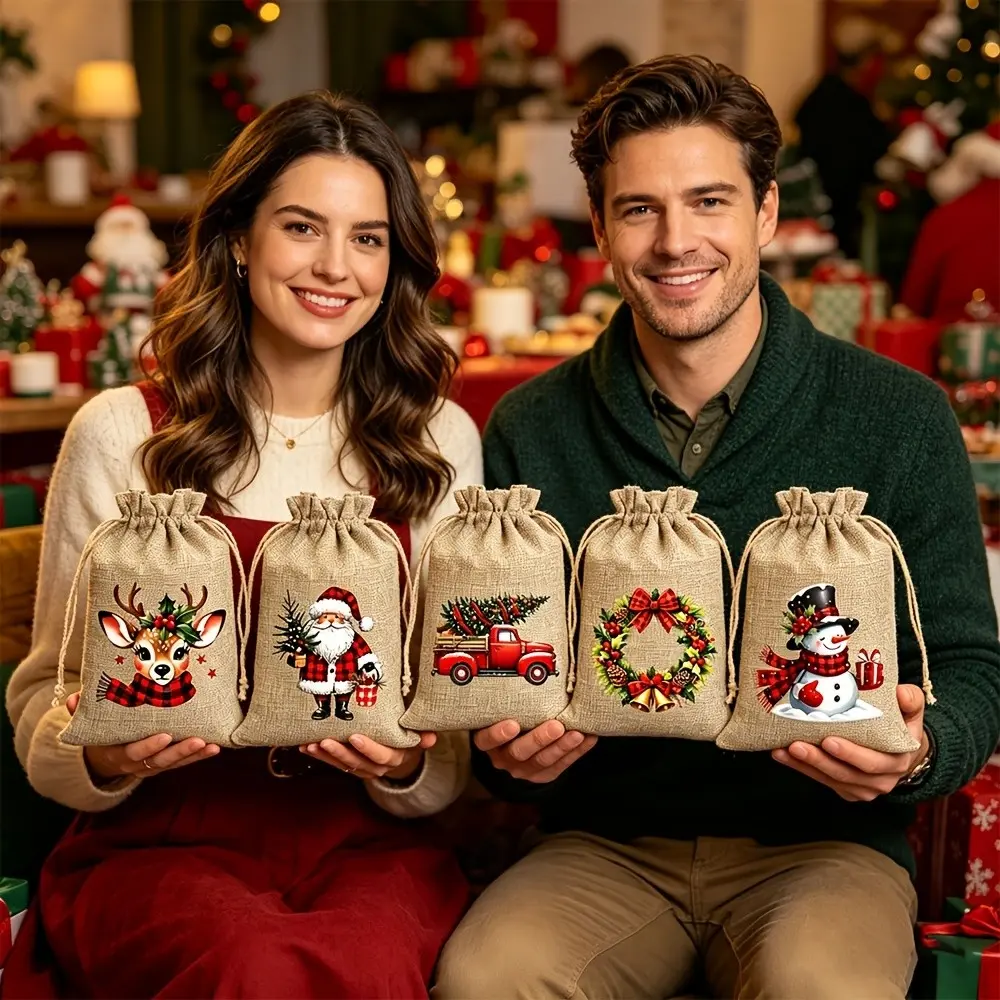 12/24 Christmas Hemp Gift Bags, 5.9 X 3.9 Inch Reusable Drawstring Pouches, 5 Random Christmas Designs, Perfect for Party Gifts & Tree Decor