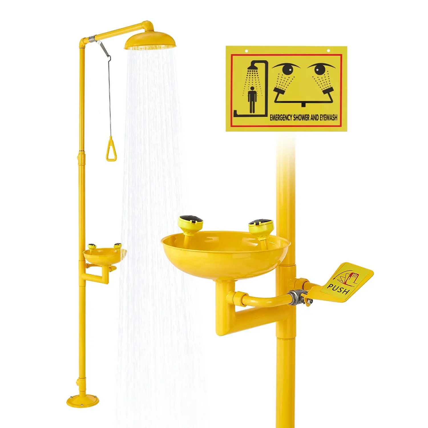 VEVOR 304 Stainless Steel Floor-Mounted Emergency Shower & Eye Wash Unit, 34.25x15.75x91.73in OSHA-Approved Rapid Response First Aid Station, for Labs, Factories (Yellow)