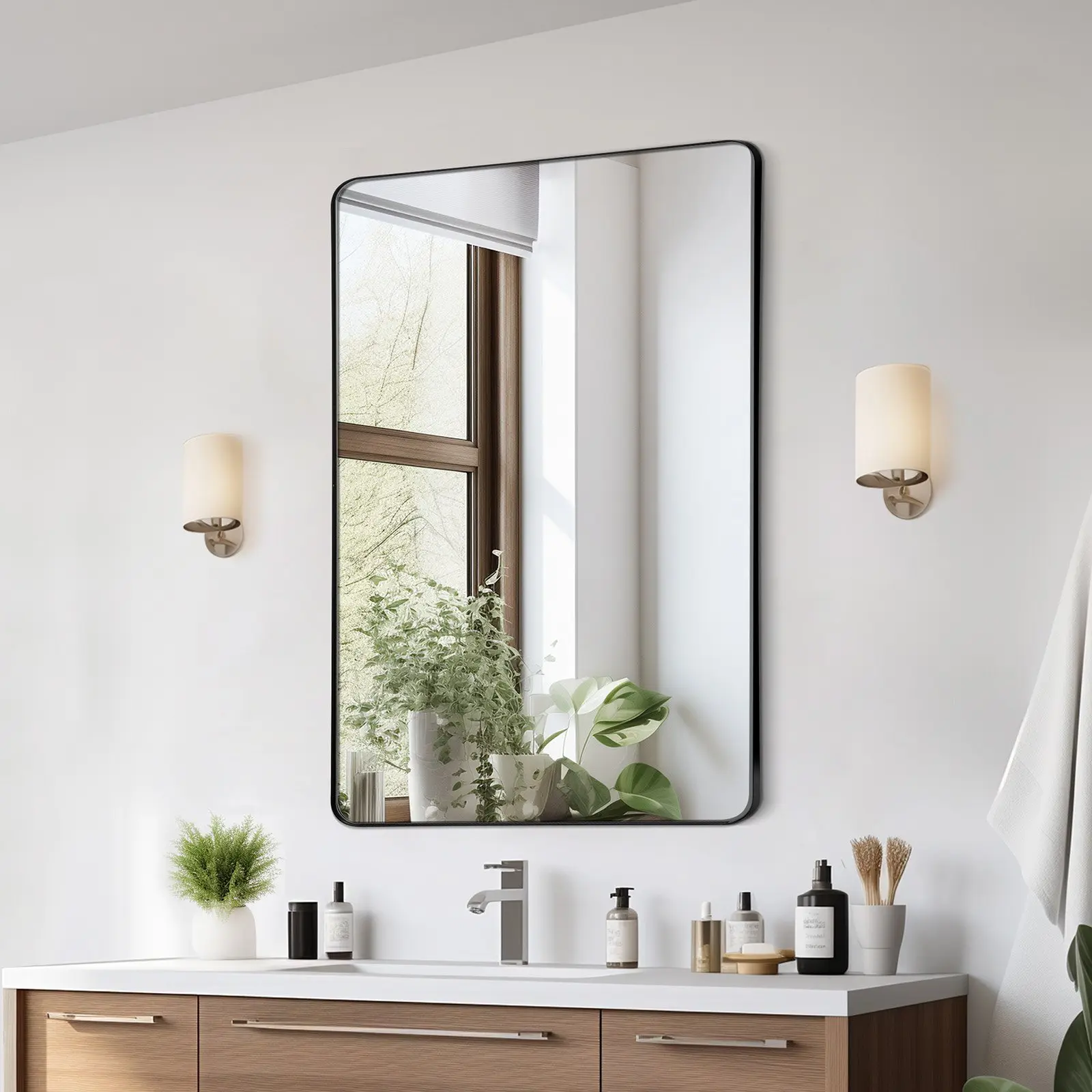 VEVOR Wall Mounted Makeup Mirror, 0.15" Thick, 30" x 40" Mirror with Aluminium Alloy Frame Explosion-Proof Film, Scratch-Resistant Mirror with Z-Shaped Bracket, Fit for Bathroom/Bedroom/Living Room