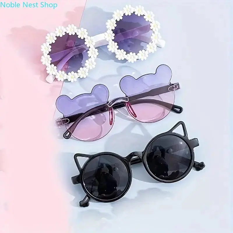 Unisex 3-Piece Cat-Eye Sunglasses Set - Flower & Bear Ear Decor, UV400 Full Protection, Lightweight Flexible Unique Eyewear, Cute Trendy Shades for Beach, Holiday Gift Giving