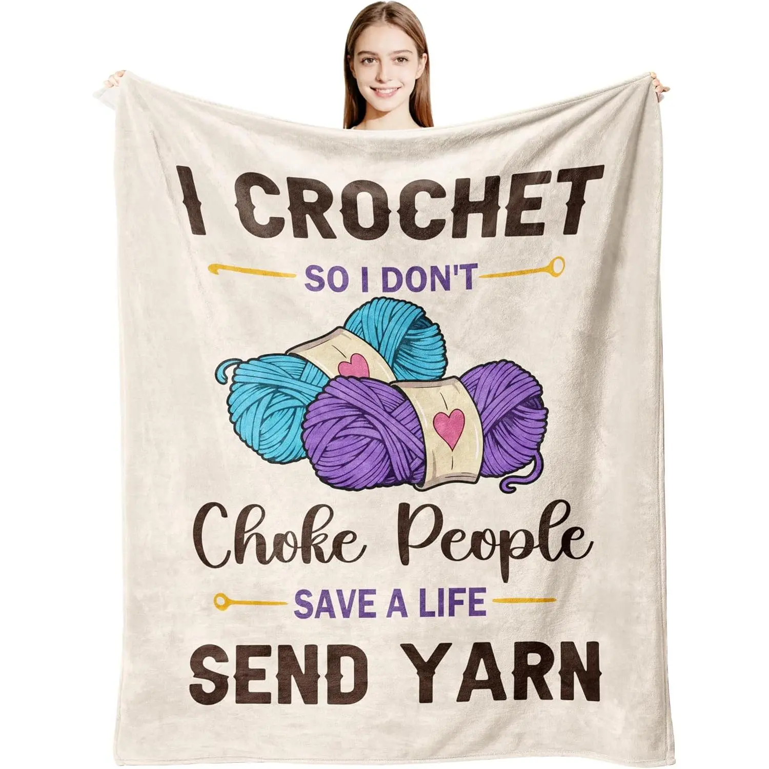 Funny Crochet Throw Blanket - "I Crochet So I Don't Choke People" Soft Fleece Blanket - Gift for Crocheters, Knitters, Yarn Lovers - Unique Birthday Gift for Mom, Grandma, Bestie