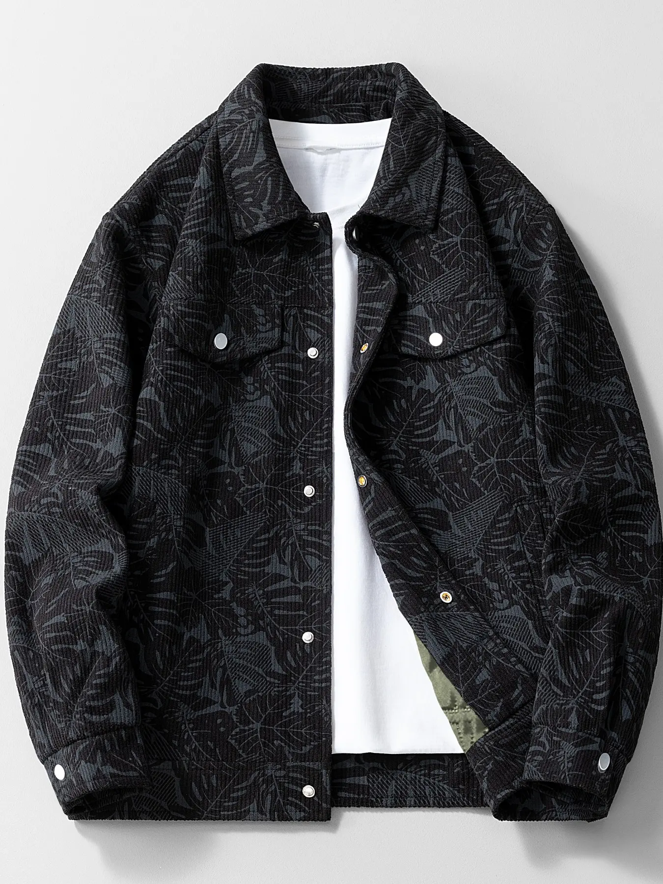 Vintage Leaf Print Corduroy Jacket for Men, Thickened Autumn Winter Workwear Coat, Stand Collar, Warm and Stylish Outerwear