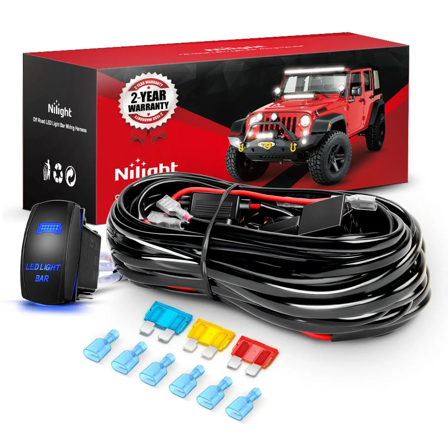 Nilight 14AWG LED Light Bar Wiring Harness Kit - 12V 5-Pin Rocker Switch, Waterproof Toggle Switch, Power Relay, Blade Fuse, Instructions - Universal Fit, Up to 300W, 3 Leads, Blue - for RV Owners, Campers, Cars, Trucks