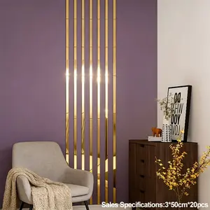 20 Pcs Golden Long Acrylic Mirror Wall Stickers, 3 × 50 cm Self-Adhesive Waistline Decorative Strips, DIY Hole-Free Seam Stickers for Living Room, Bedroom, Ceiling Frames and TV Background Walls, Unique Wall Decor