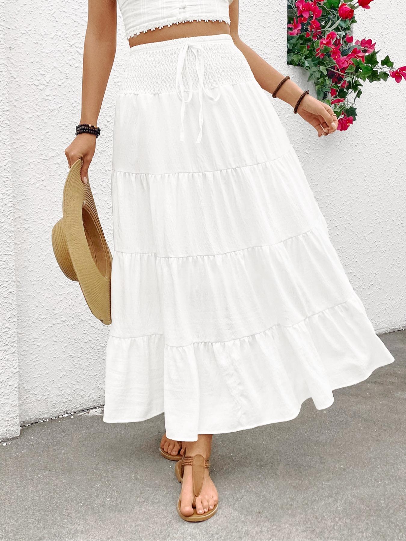 Women's Plain Boho Style High Waist A-Line Skirt, Woven Elasticity Loose-Fitting Long Dress with Adjustable Drawstring Design, Casual Fashion for All Seasons