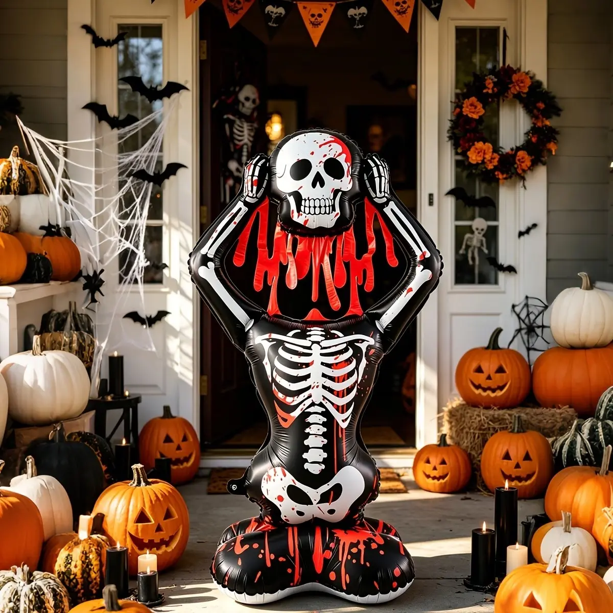 59-Inch Blood-Dripping Skull Balloon with Stand, Halloween Horror Decor, Indoor Outdoor Party Props, No Sugar Trick-Or-Treat Setup