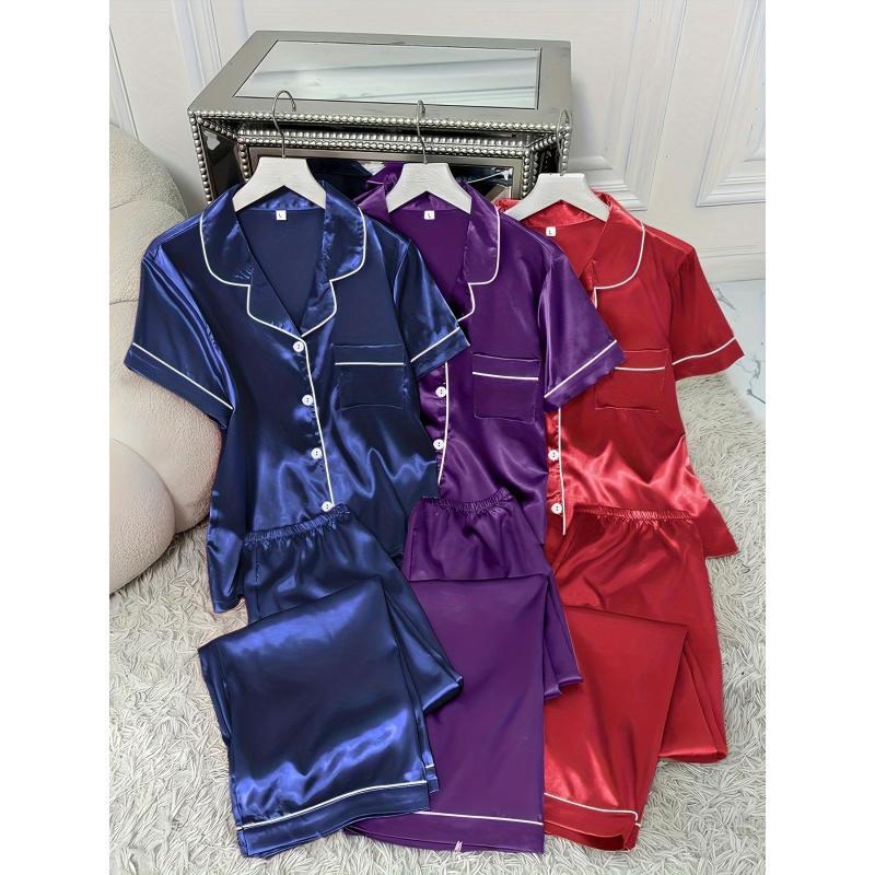 3 Sets Women's Solid Satin Casual Pajama Set, Short Sleeve Buttons Lapel Top & Pants, Comfortable Relaxed Fit