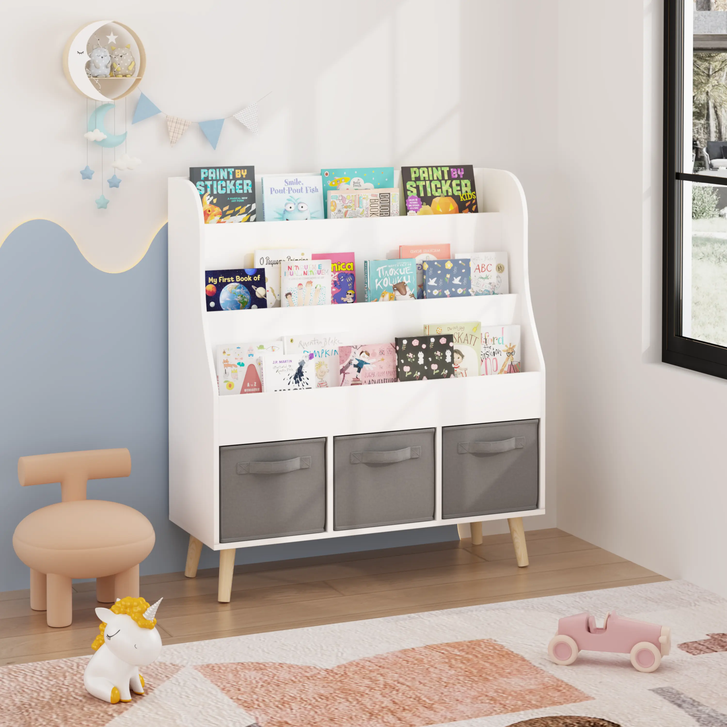 ARCH Kids White Wooden Front-Facing Bookshelf with 3 Fabric Storage Bins, Pine Legs Book Display Organizer for Toddlers, Children's Furniture for Playroom, Nursery, Wooden Legs