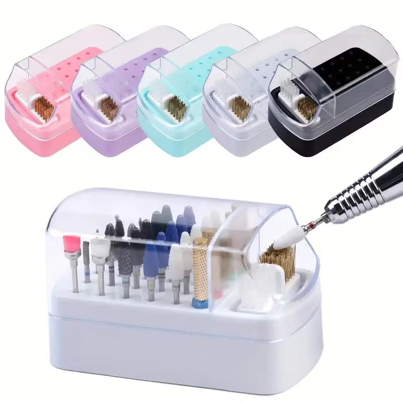 30-Hole Nail Polish Polishing Head Storage Box Nail Polish Polishing Head Drill Head Storage Box Stand Display Shelf Table Organization Firm 2-In-1 Detachable Nail Polish Polishing Head Cleaning Brush