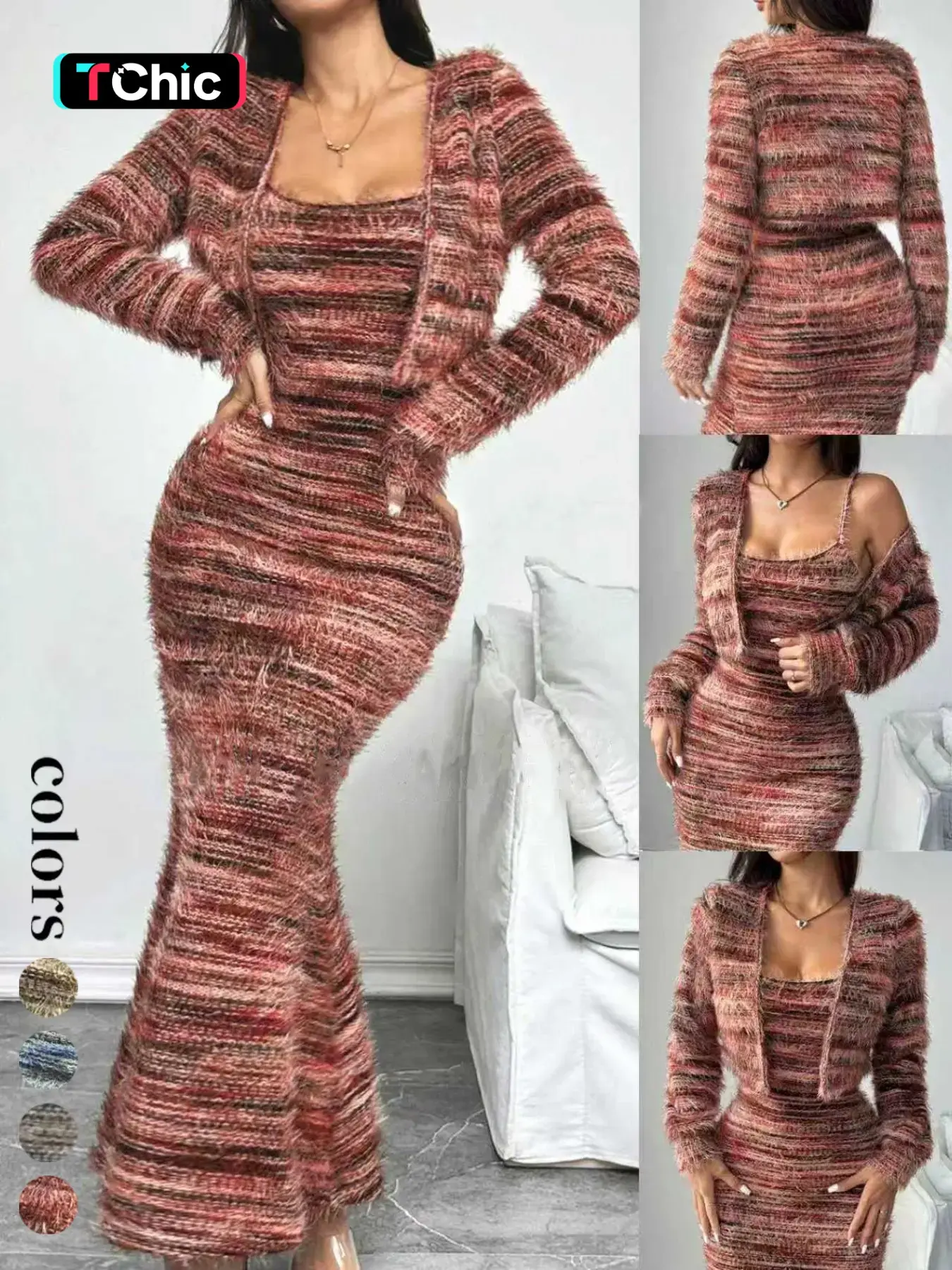 New Fall Winter Vintage Colorblock Knit Set, Casual Elegant Cardigan Long Sleeve Jacket and Dress, Women's Fashion