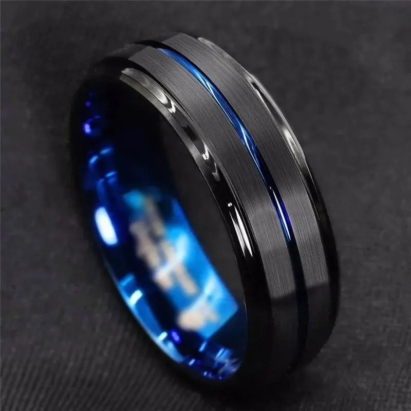 Men’s 8mm Black Tungsten Carbide Ring - Blue Groove Beveled Edge Wedding Band, Stylish Engagement Jewelry, Ideal Valentine Gift for Men, Rings, Dark Aesthetic Rings, Band-Shaped Rings