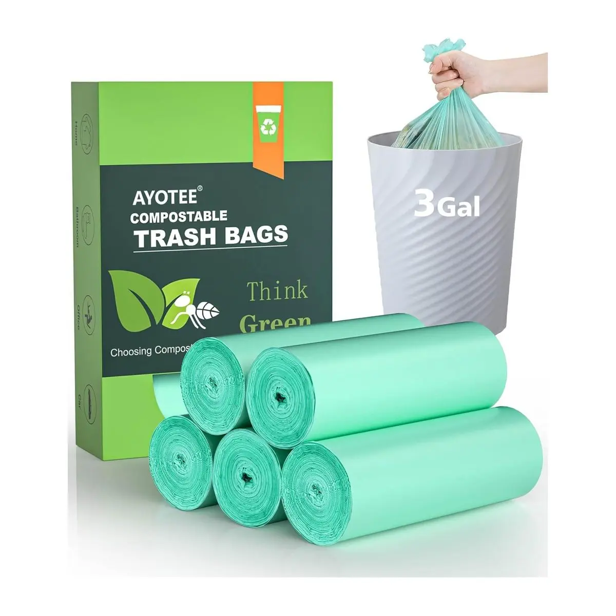 Compostable Trash Bags for Kitchen Food Scraps, 3 Gallon, 125 Count, Small Biodegradable Waste Bags for Eco-Friendly Disposal