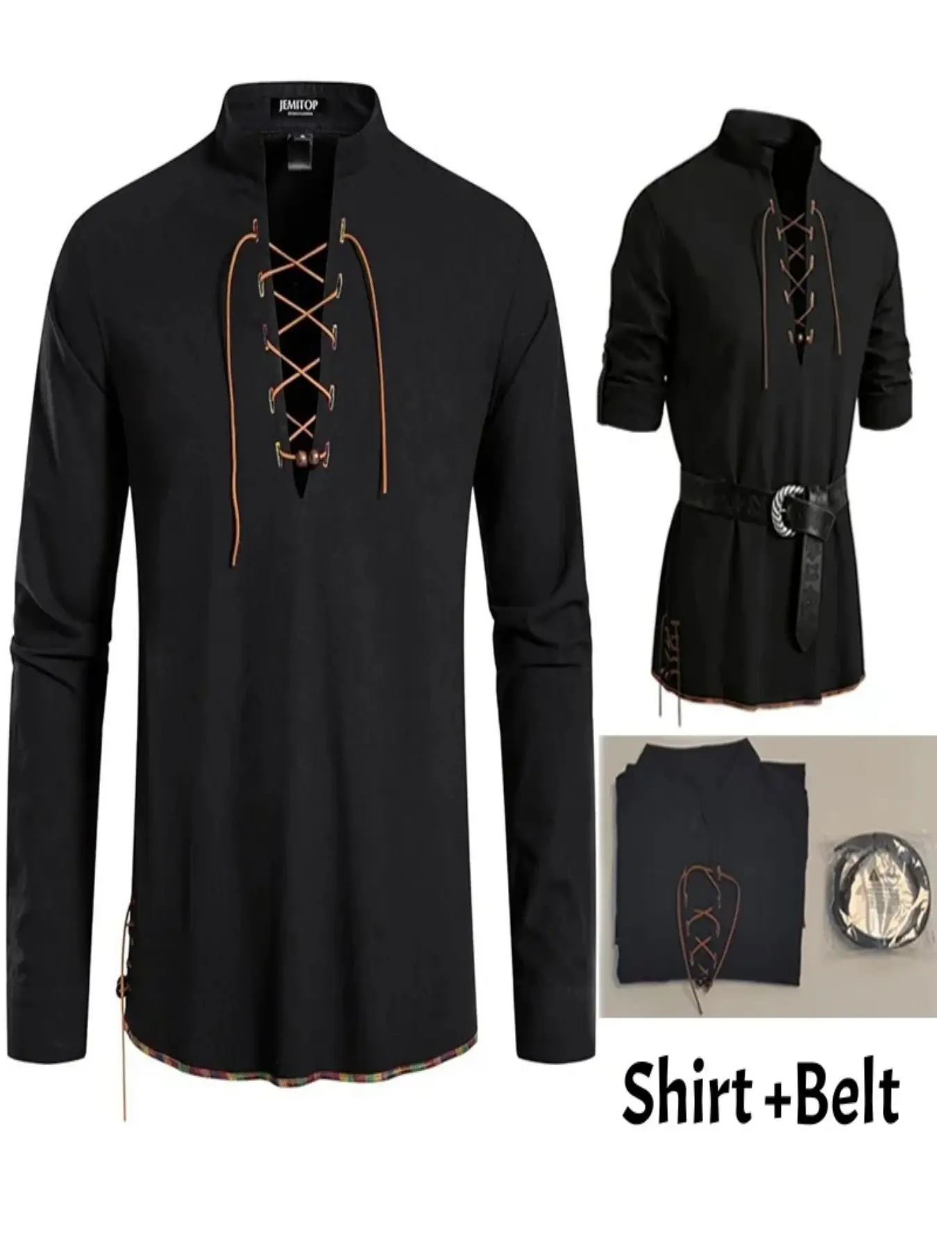 Mens Medieval Pirate Shirt Renaissance Peasant Costume Top 100% Cotton Lace Up V Neck Long Sleeve Viking Tunic Halloween Clothes