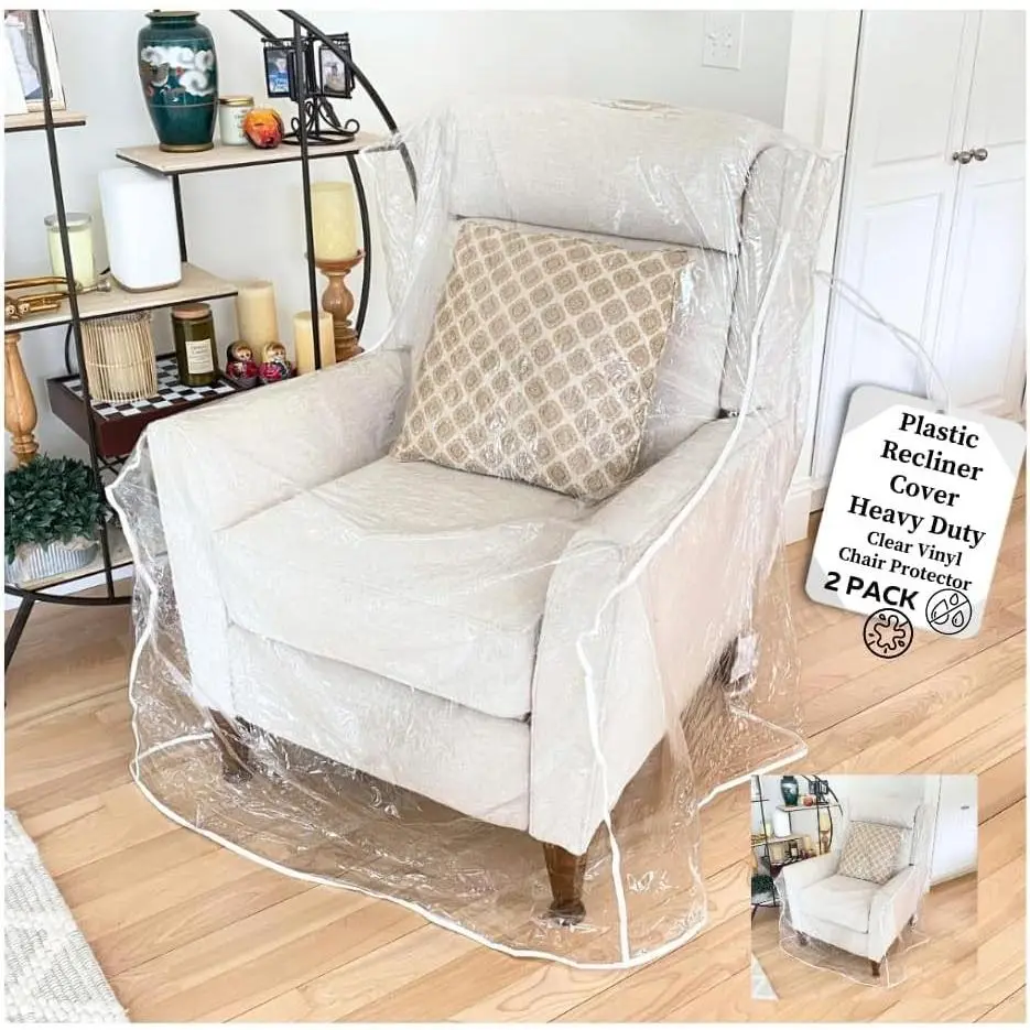 Clear Plastic Recliner Cover -2 Pack- Thick Heavy Duty Vinyl Armchair Cover for Protection Against Cat & Dog Clawing - Stain & Dust Protector - Waterproof Slipcover for Moving & Storage
