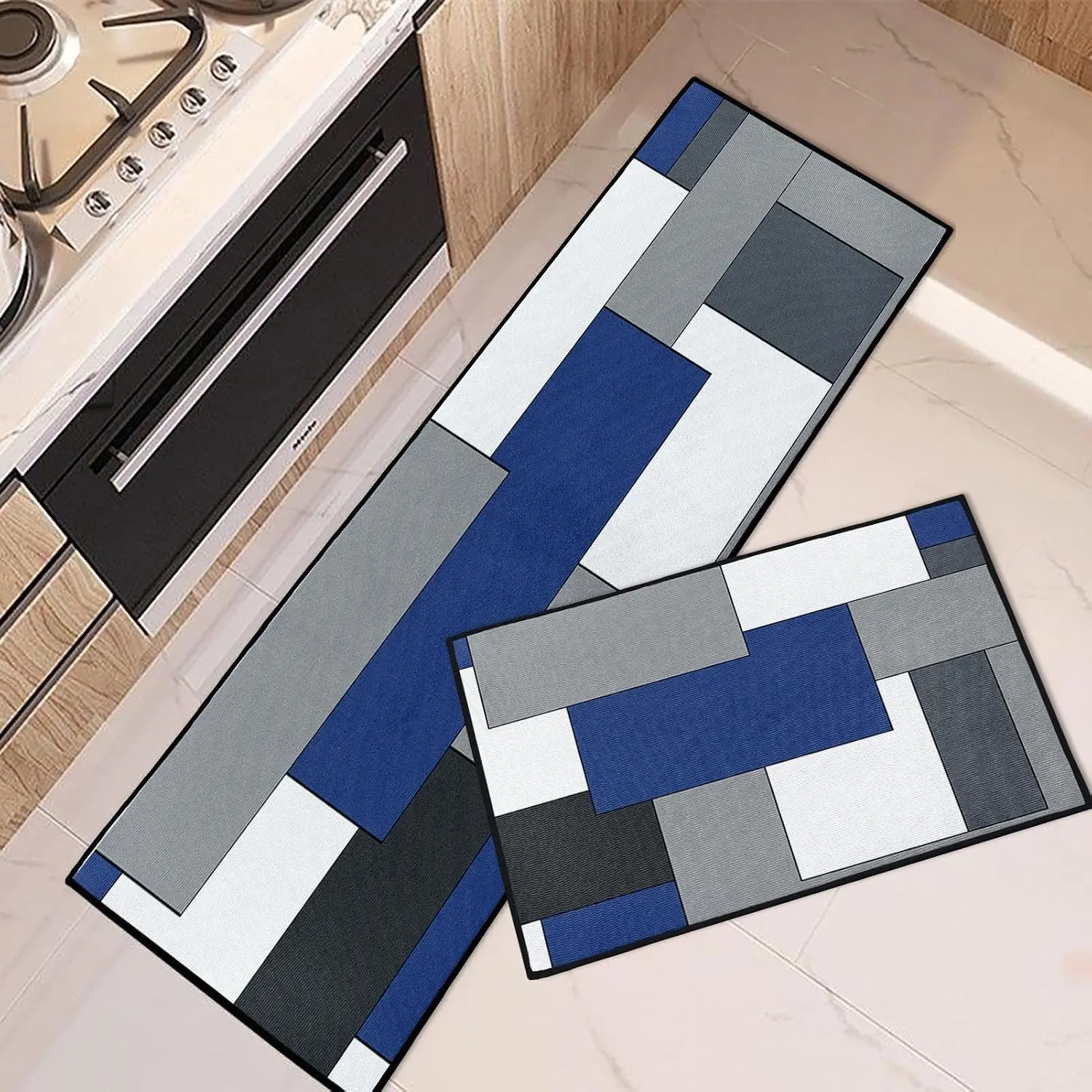 Blue Geometric Kitchen Rugs and Mats Non Skid Washable Set of 2, Checked Black Grey Navy Mats for Floor, Rustic Minimalist Runner Rug Modern Abstract Kitchen Decor