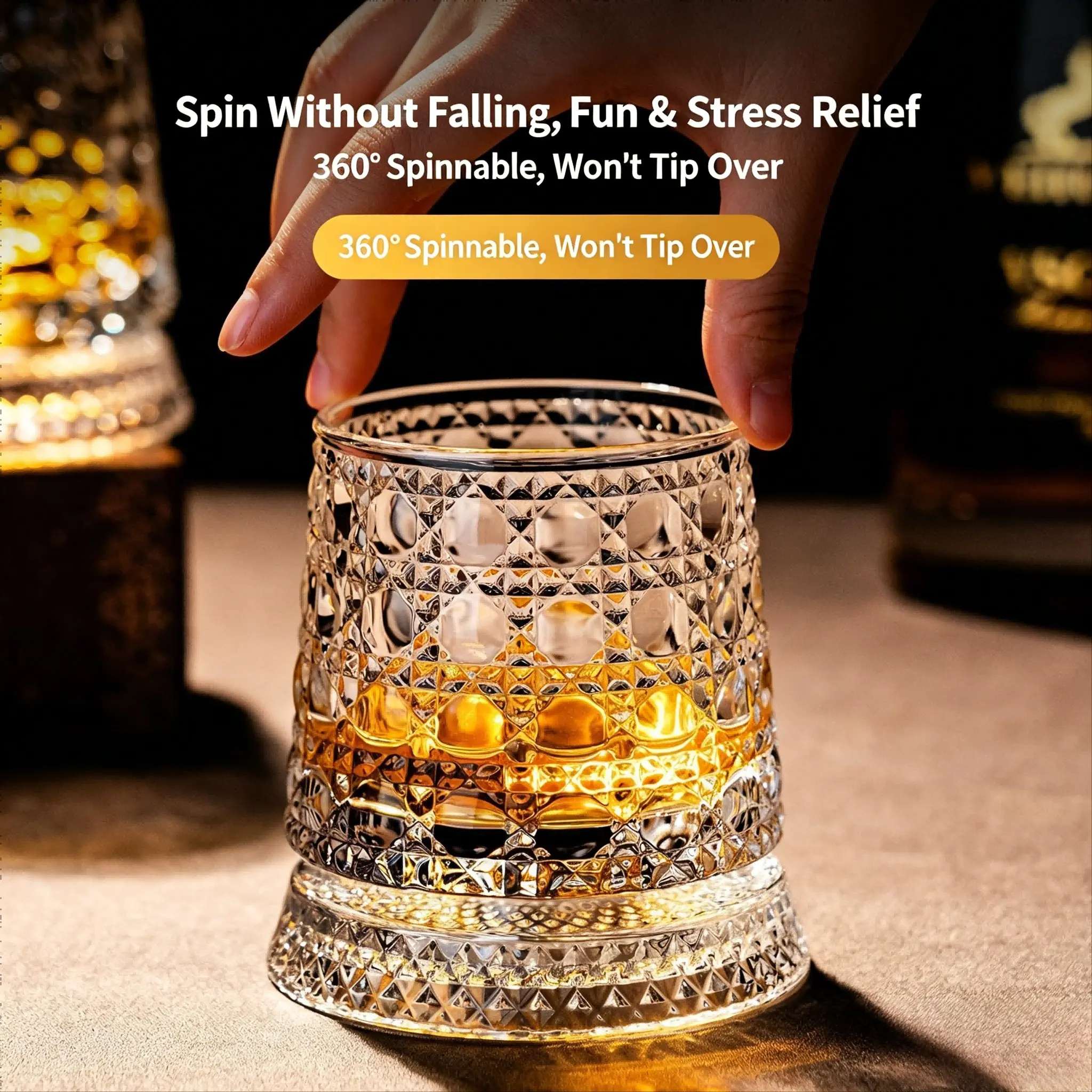 360° Rotatable Crystal Whiskey Glass, Diamond Cut Design Tumbler, Ideal for Bourbon, Scotch, Cocktails & Gifting, Rotating Whiskey Glass, Whisky Glass